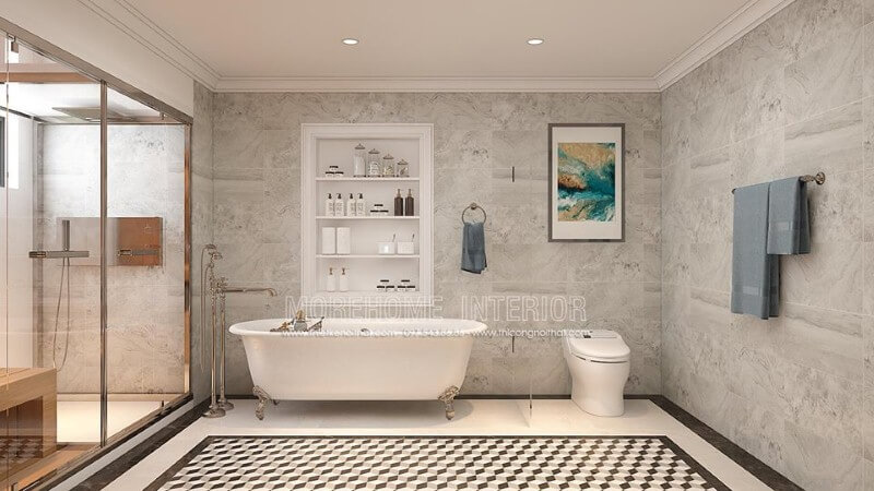 Bồn tắm độc lập Vitoria Hafele cao cấp kết hợp cùng cách thiết kế khoa học, thẩm mỹ từ đá ốp tường, gạch lát nền giả cổ, vách tắm kính đã tạo nên không gian phòng tắm đẹp, sang trọng, độc đáo. thiết kế biệt thự