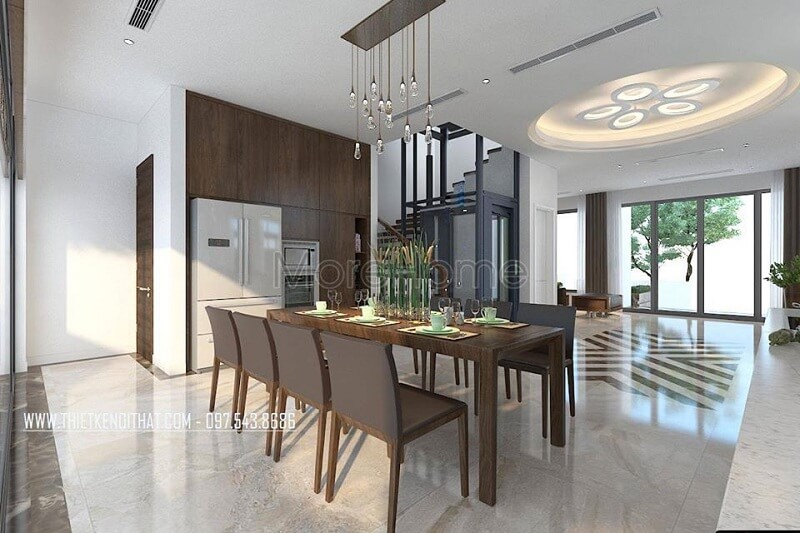 Thiết kế phòng ăn biệt thự hiện đại với bộ bàn ăn 8 ghế gỗ tự nhiện đẹp tạo điểm nhấn nổi bật cho không gian thiết kế biệt thự