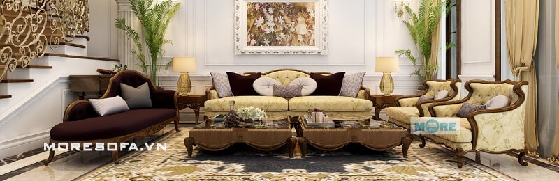 Thiết kế, sản xuất Sofa tân cổ điển MS-029 gỗ tự nhiên, bọc nỉ nhập khẩu cao cấp tinh tếcho phòng khách chung cư, biệt thự Thiết kế biệt thự