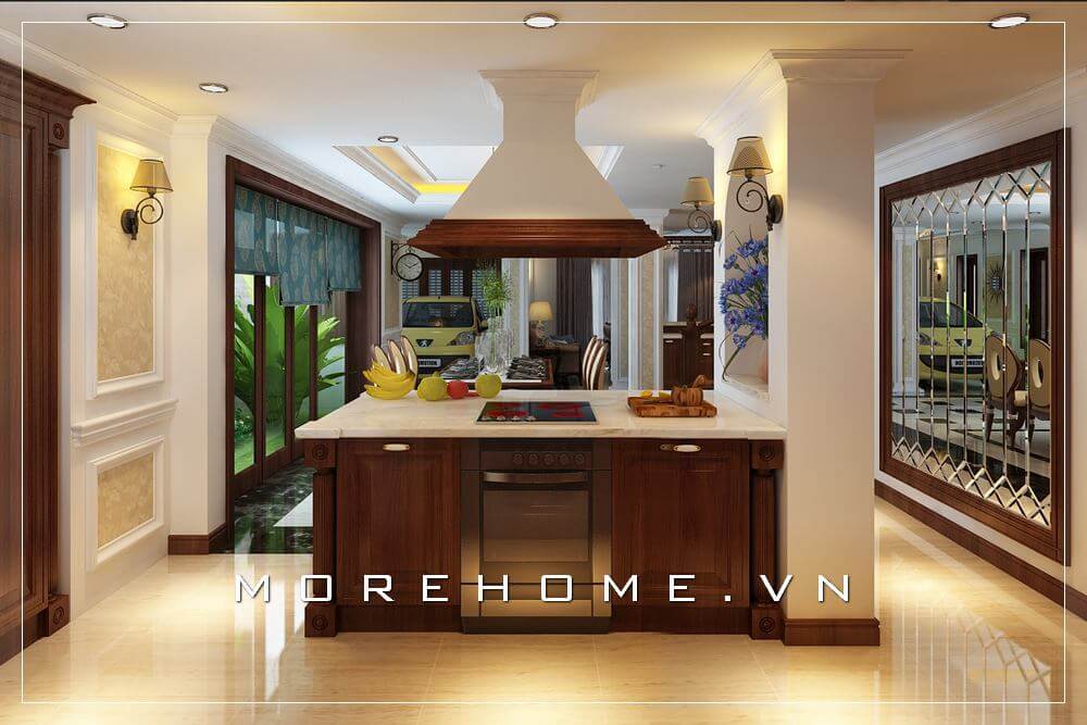 Thiết kế nội thất phòng bếp biệt thự tân cổ điển sử dụng tone màu trầm ấm cúng, sang trọng và đẳng cấp Thiết kế phòng bếp đẹp, đẳng cấp và ấn tượng dành cho biệt thự