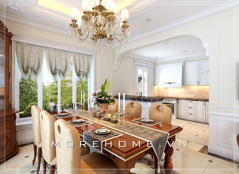 Thiết kế nội thất phòng ăn gỗ tự nhiên theo phong cách tân cổ điển tinh tế và sang trọng Thiết kế phòng bếp đẹp, đẳng cấp và ấn tượng dành cho biệt thự