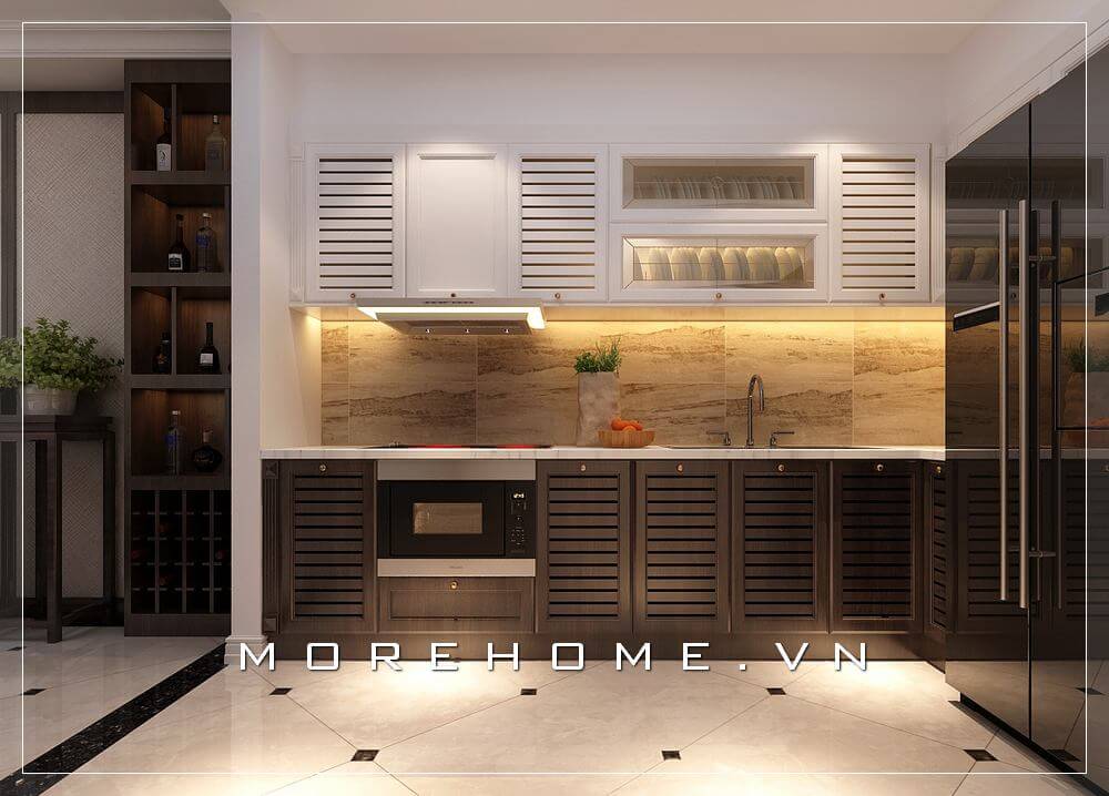 Thiết kế nội thất phòng bếp biệt thự hiện đại với tone màu nâu - trắng tạo cảm giác hài hòa, thoải mái hơn trong không gian nấu nướng của người nội trợ Thiết kế biệt thự