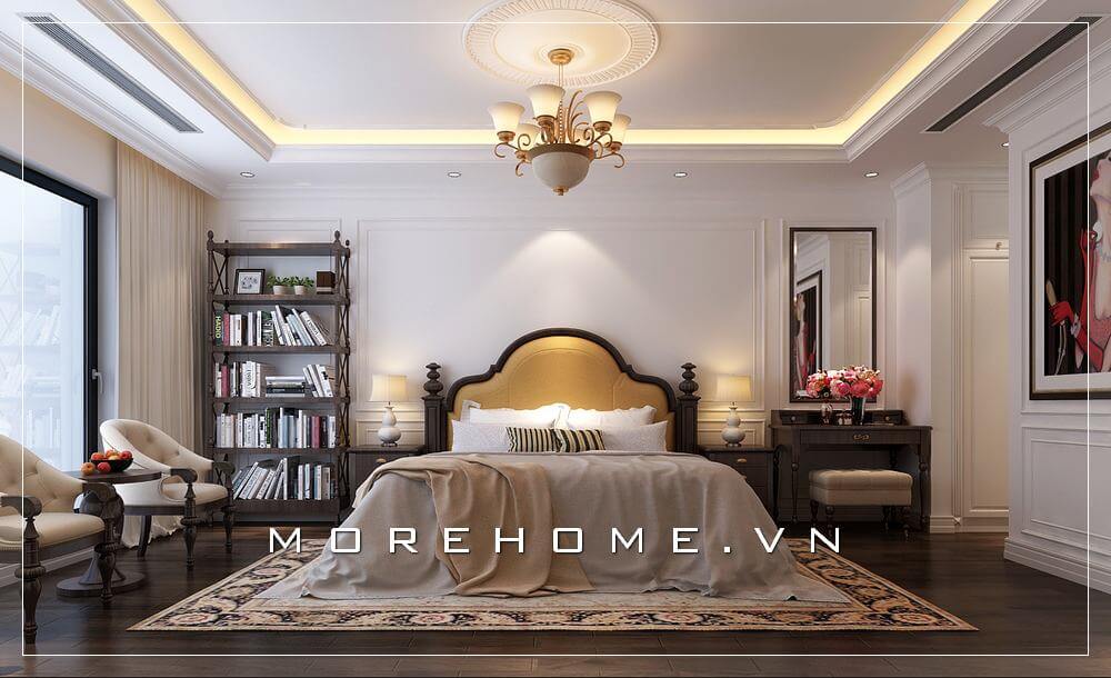Thiết kế nội thất phòng ngủ biệt thự tân cổ điển, từng đường nét chạm khắc tỉ mỉ, sắc nét, những đường phào chỉ tinh tế... tất cả mang lại một không gian vô cùng sang trọng và đẳng cấp Thiết kế biệt thự
