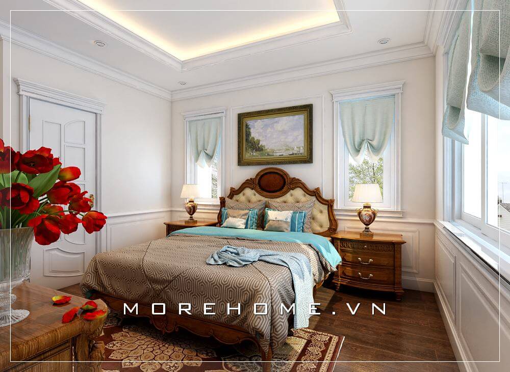 Thiết kế nội thất phòng ngủ biệt thự phong cách tân cổ điển sang trọng và tiện nghi. Chiếc giường ngủ gỗ tự nhiên cao cấp chính là điểm nhấn ấn tượng nổi bật cho cả không gian này Thiết kế biệt thự