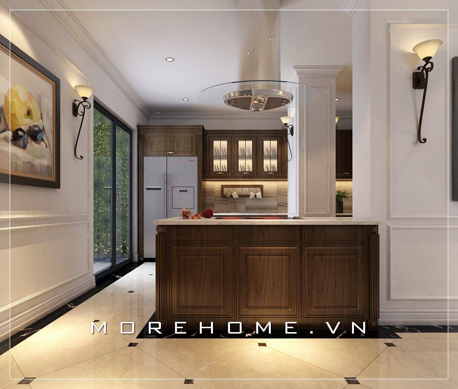 Thiết kế không gian phòng bếp biệt thự sang trọng với nội thất gỗ tự nhiên cao cấp mang đến không gian nấu nướng thoải mái và tiện nghi cho người nội trợ Thiết kế biệt thự
