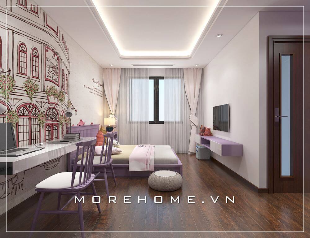 Thiết kế nội thất phòng ngủ bé gái phong cách hiện đại, sinh động với mẫu đồ nội thất bằng gỗ An cường sử dụng tone tím tạo cảm giác nhẹ nhàng và lãng mạn cho nhà phố Thiết kế biệt thự