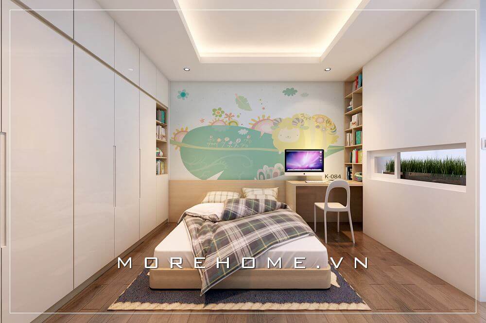 Thiết kế nội thất phòng ngủ bé trai trong không gian biệt thự cùng cách trang trí bức tường họa tiết hoạt hình đẹp giúp không gian nhẹ nhàng và đẹp mắt hơn Thiết kế biệt thự