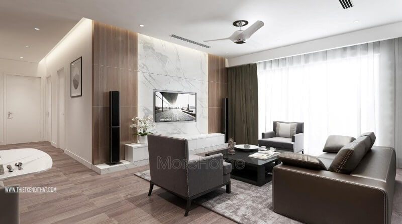 Thiết kế chung cư hiện đại với một phong cách sang trọng và tinh tế hơn bằng cách sử dụng cửa gỗ công nghiệp màu trắng.